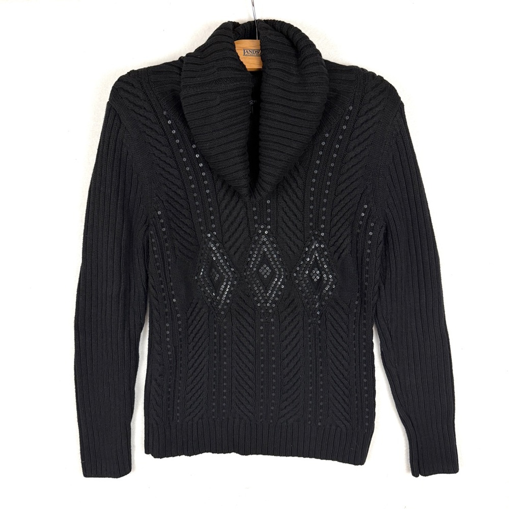 NWT Talbots Black Cowl Neck Cable Knit Sweater with Sequins